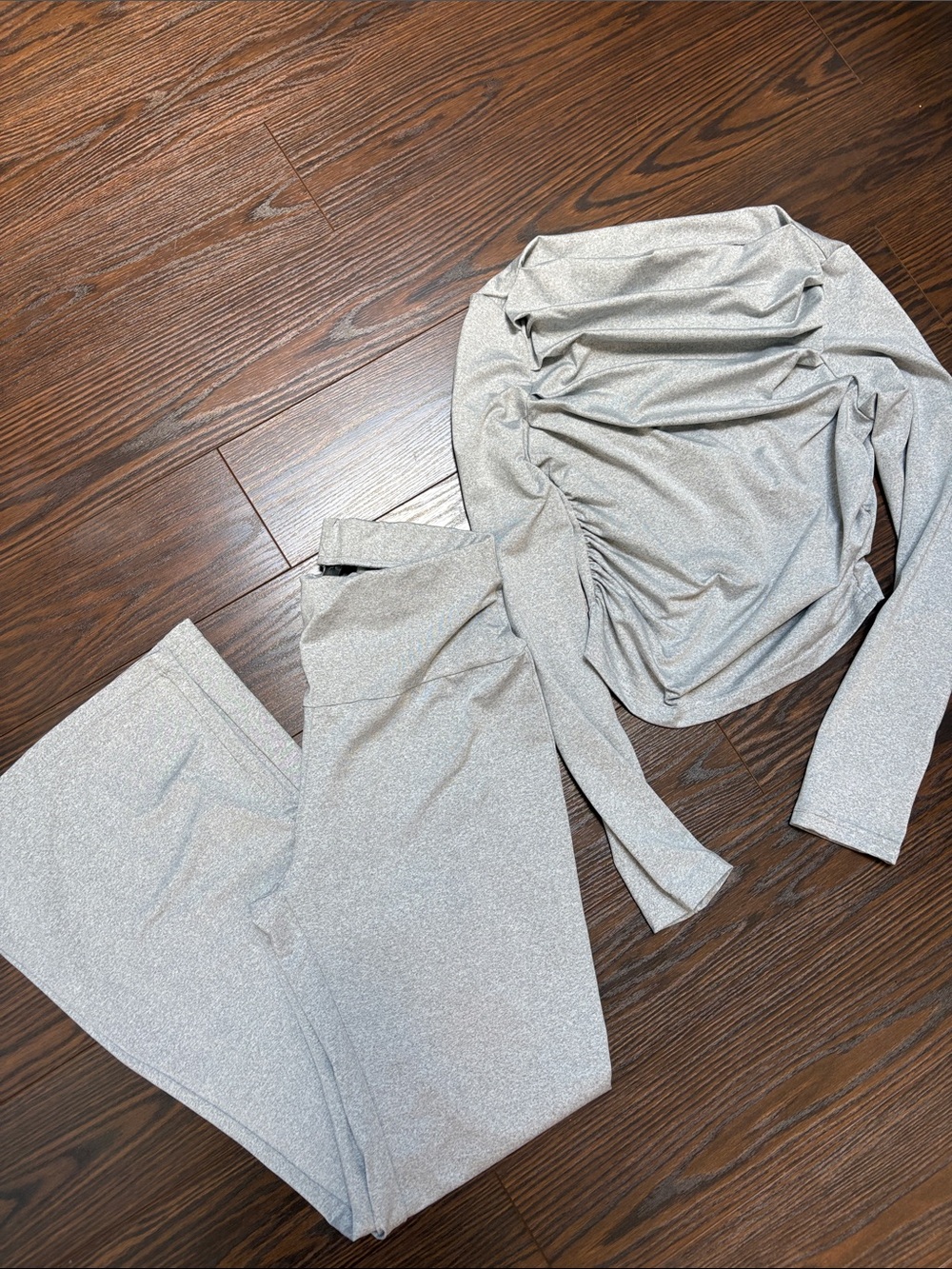 SHEIN Silver Ruched Long Sleeve Top & Wide-Leg Pants Set